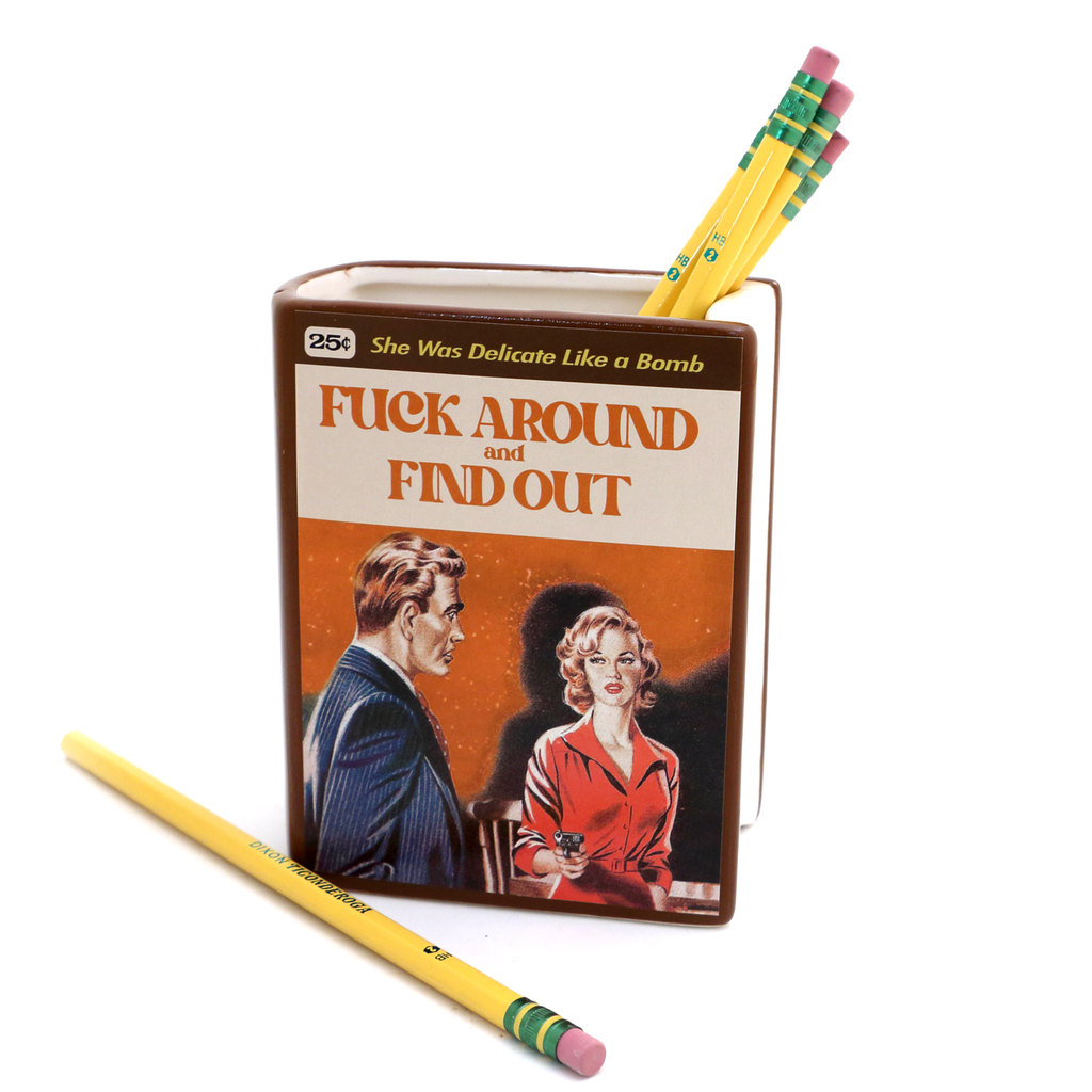 F Around and Find Out, book shaped pencil holder, vase, or planter, mature language