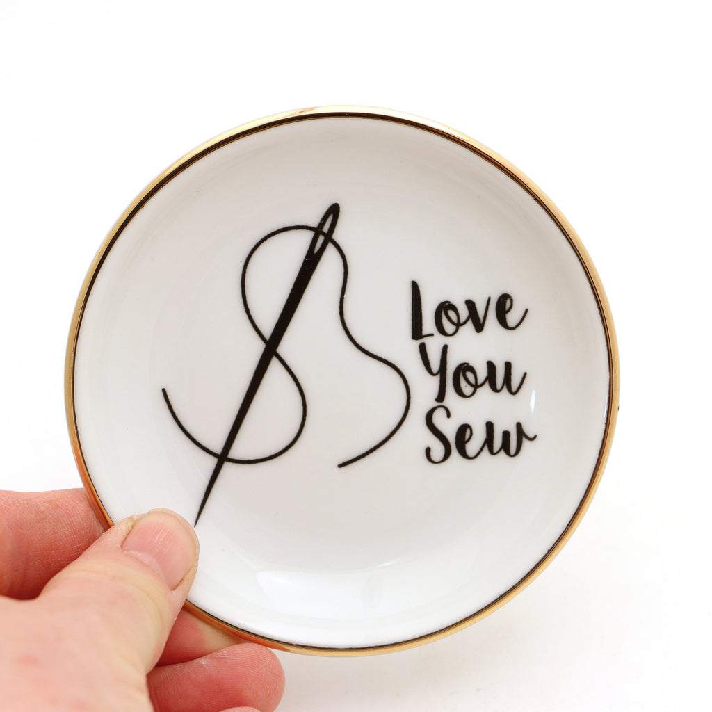 Love you Sew ring dish, pin holder, small dish with 22 K gold