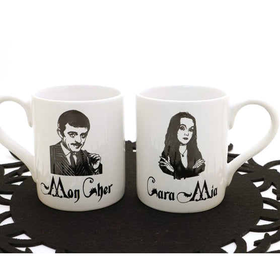 
One mug features Morticia, the character portrayed by Carolyn Jones in the 1964 television show an