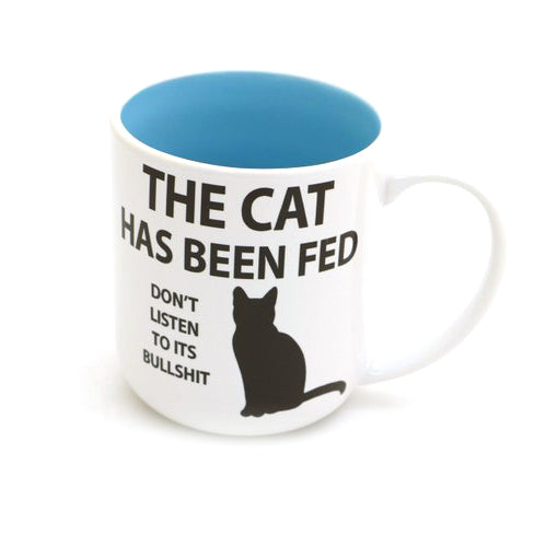 
This funny cat mug makes a great gift for any cat lover. It reads: The Cat has Been Fed, Don't Lis