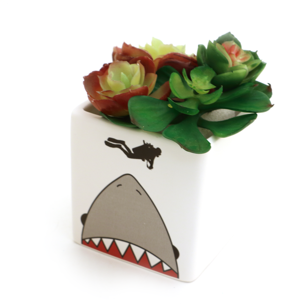 Shark, scuba diver, JAWS indoor planter, candle holder, container
