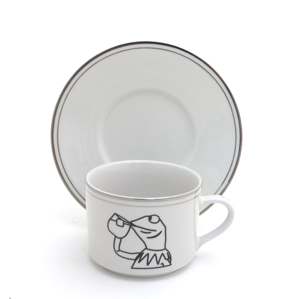 Kermit drinking tea teacup and saucer, Kermit meme, Upcycled vintage