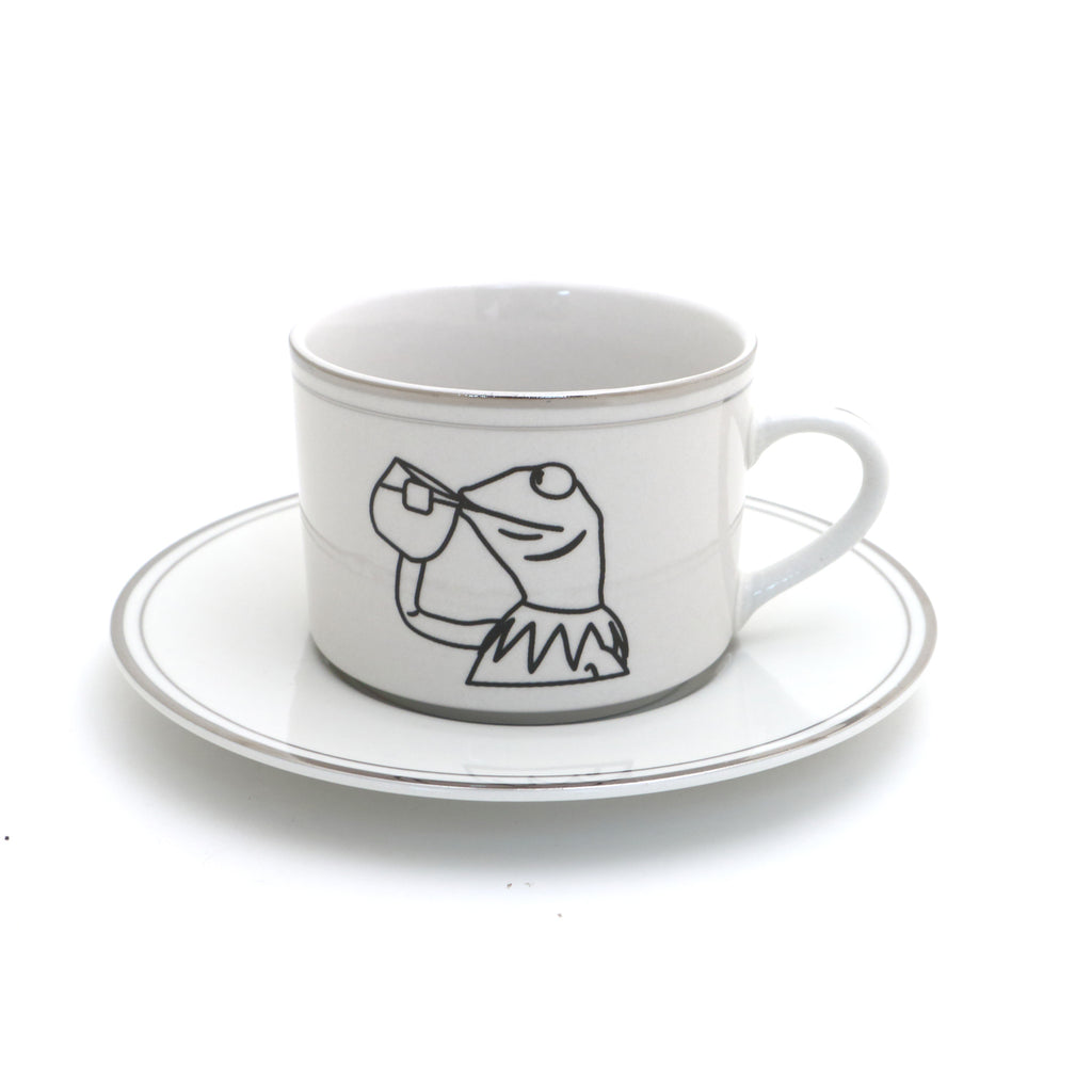 Kermit drinking tea teacup and saucer, Kermit meme, Upcycled vintage