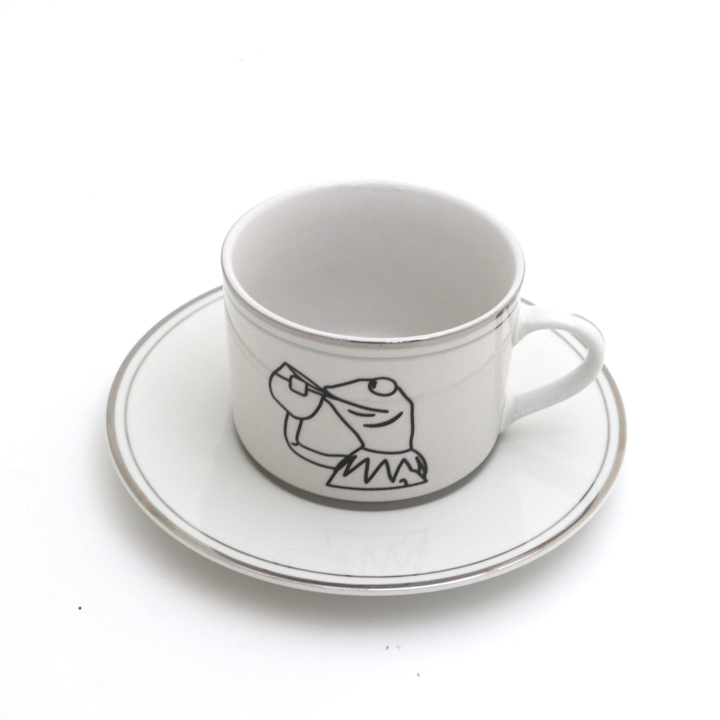 Kermit drinking tea teacup and saucer, Kermit meme, Upcycled vintage