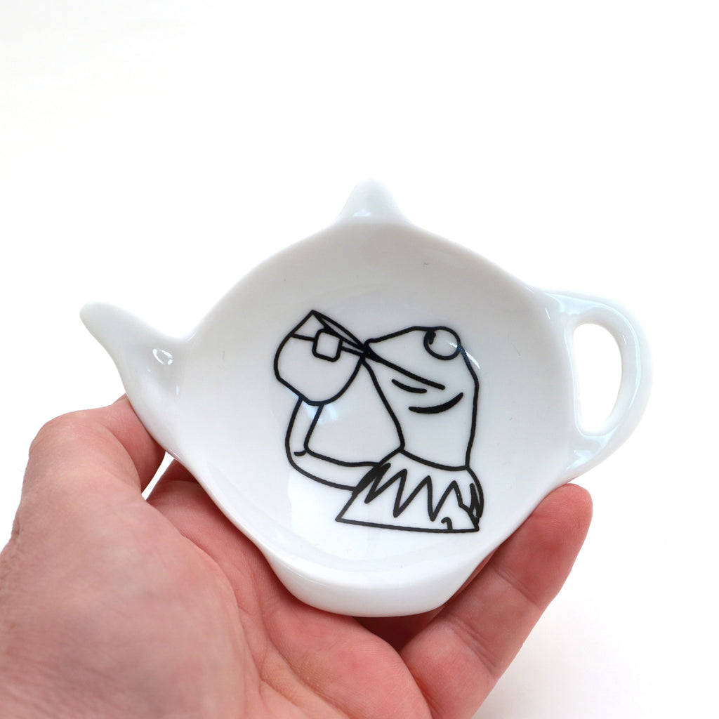 Kermit Drinking Tea meme teabag holder, teapot shaped tea bag dish