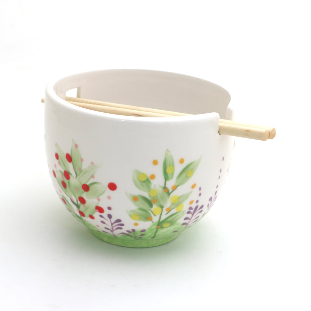 Garden Noodle bowl with chopsticks, whimsical hand painted chopstix bowl