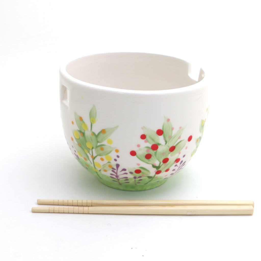 Garden Noodle bowl with chopsticks, whimsical hand painted chopstix bowl