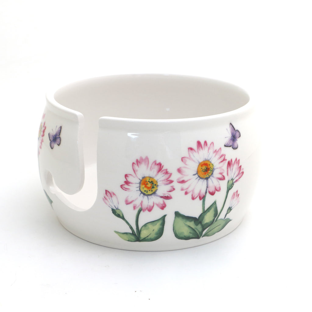 Ceramic yarn bowl, pink daisies, gift for someone who knits or crochets