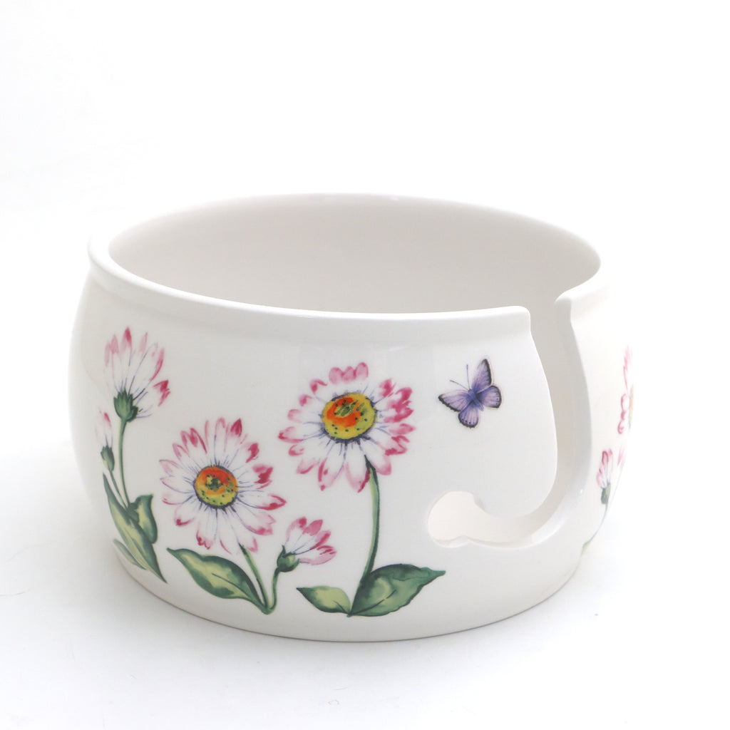Ceramic yarn bowl, pink daisies, gift for someone who knits or crochets