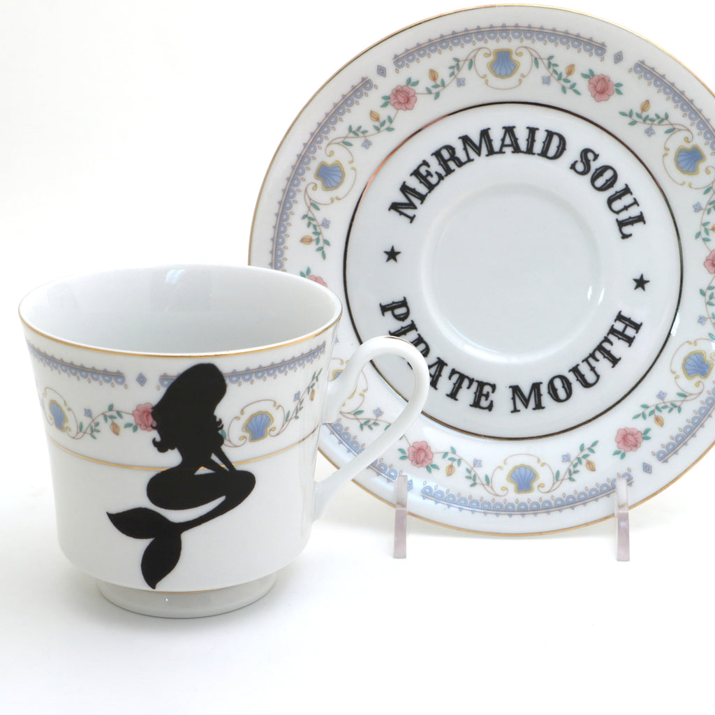 Vintage tea cup and saucer, Mermaid, upcycled
