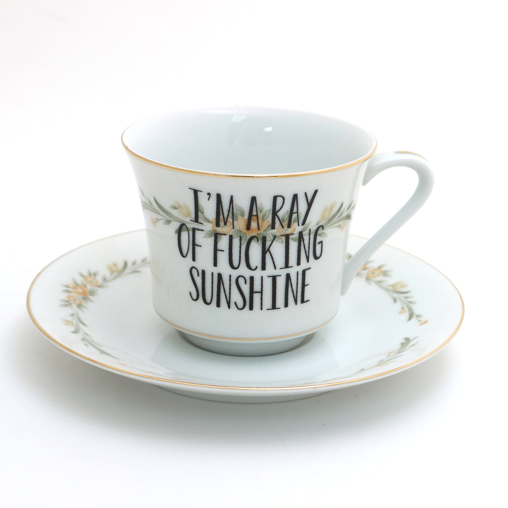 Vintage tea cup and saucer set, Ray of Sunshine, upcycled, funny gift
