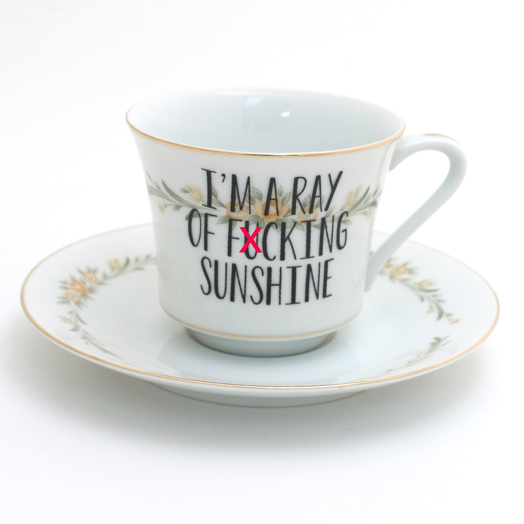 Vintage tea cup and saucer set, Ray of Sunshine, upcycled, funny gift