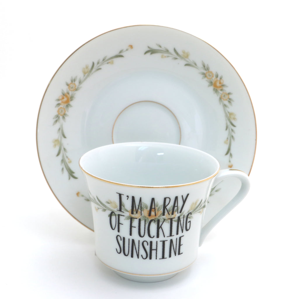 Vintage tea cup and saucer set, Ray of Sunshine, upcycled, funny gift