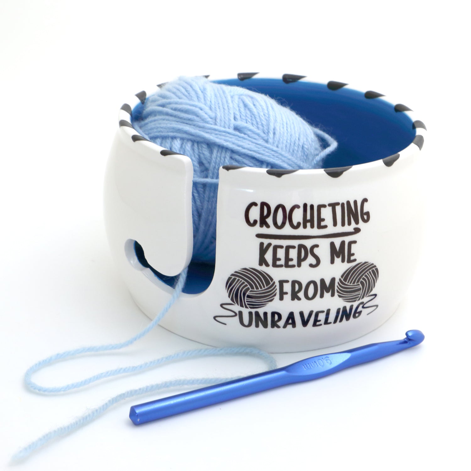 Lenny Mud Stoneware Yarn Bowl - Crocheting Keeps Me from Unraveling Yarn Skein Holder - White