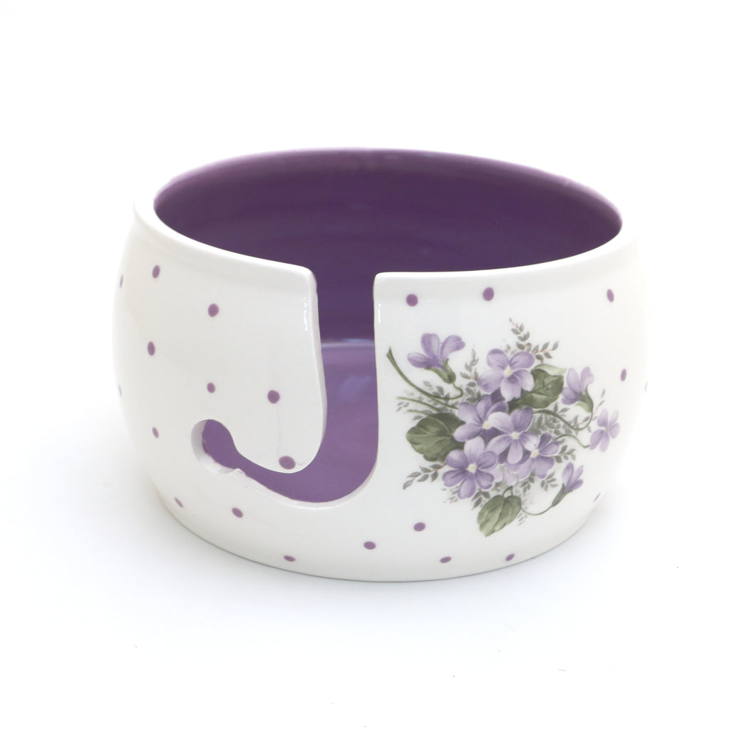 Yarn Bowl with Violets, crochet or knitting, LIMITED EDITION
