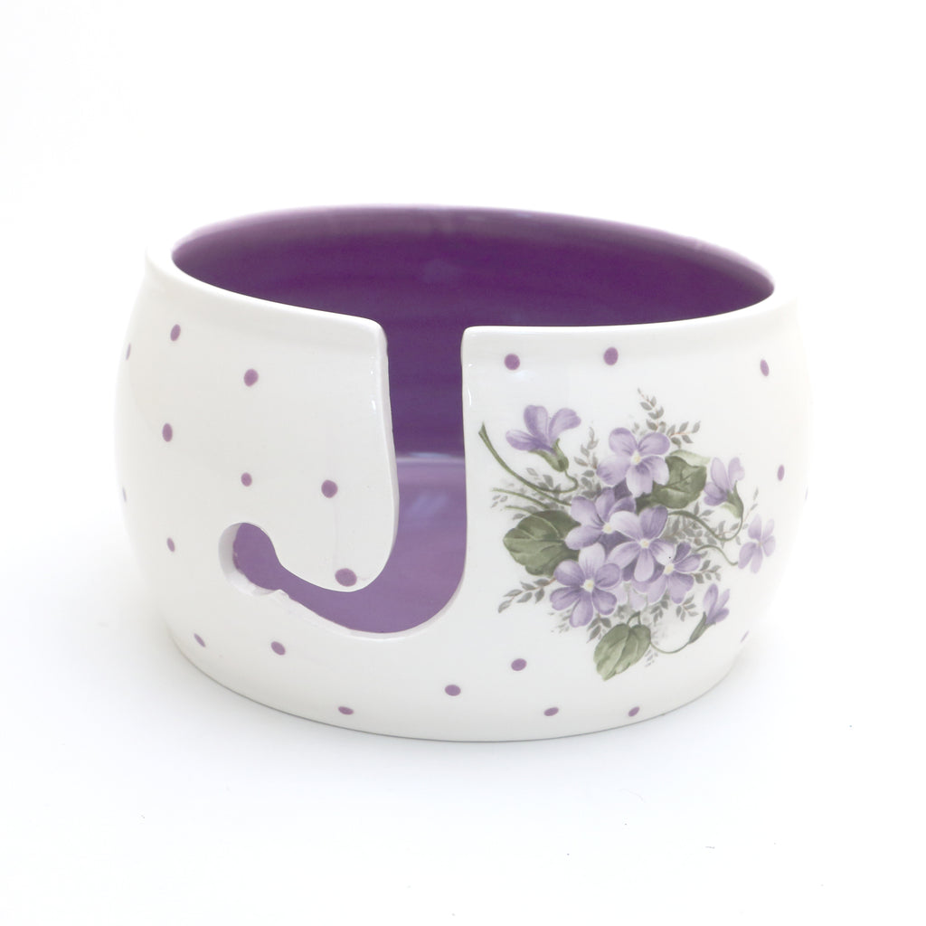 Yarn Bowl with Violets, crochet or knitting, LIMITED EDITION