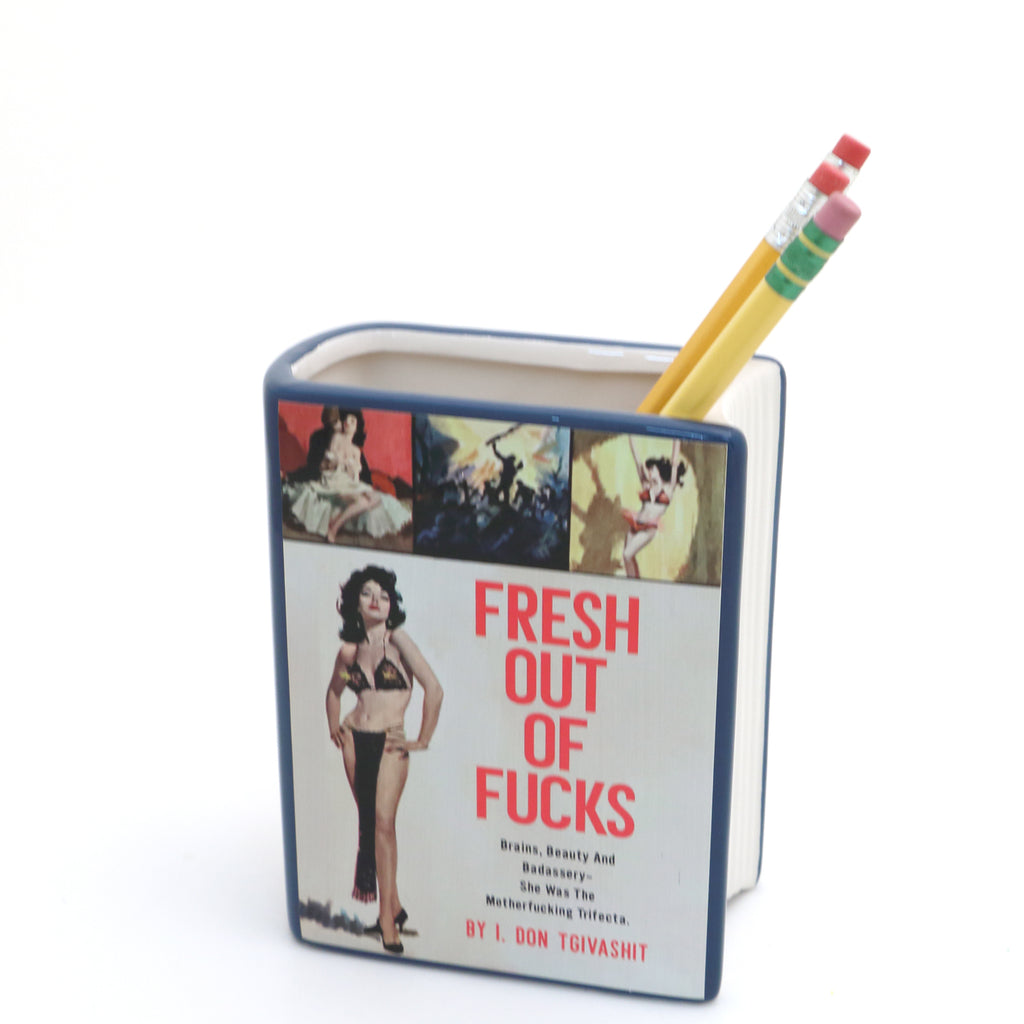 Book shaped pencil holder, Fresh Out Of F's,  planter, pulp novel parody