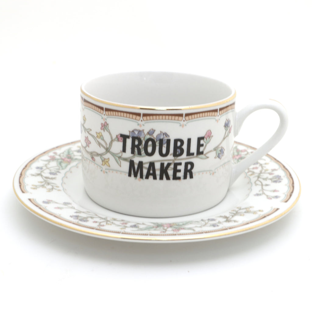 Trouble Maker, vintage teacup and saucer, upcycled, funny teacup, kiln fired
