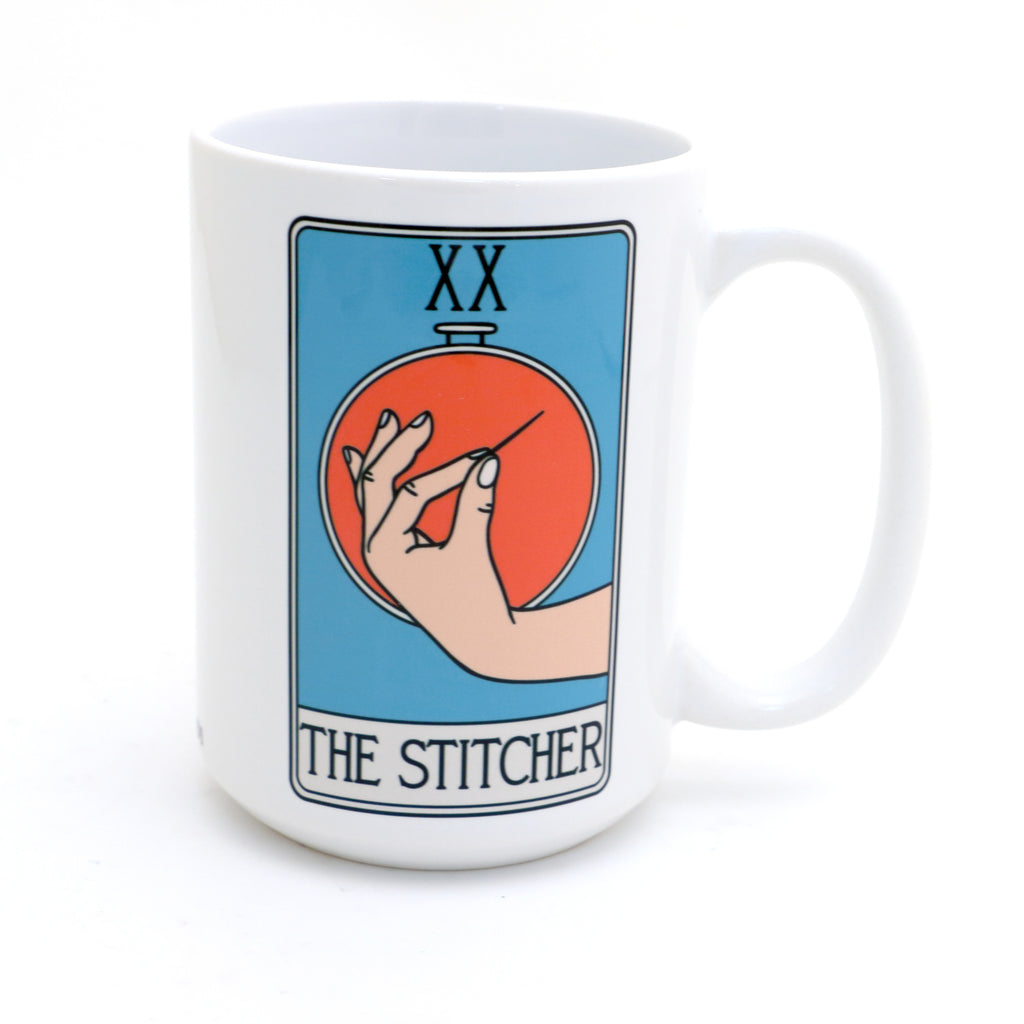 The Stitcher, tarot card mug, funny gift for quilter, sewing mug