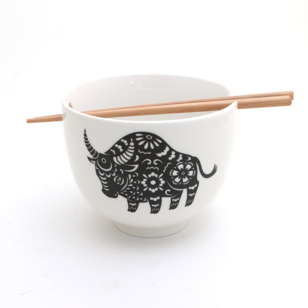Year of the Ox noodle bowl, chopsticks, pho, ramen bowl Chinese Zodiac