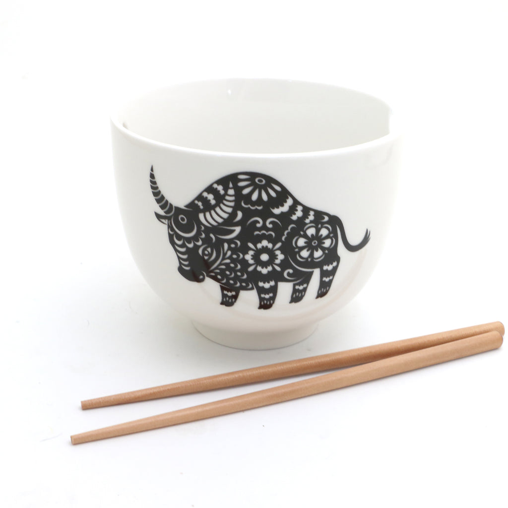 Year of the Ox noodle bowl, chopsticks, pho, ramen bowl Chinese Zodiac