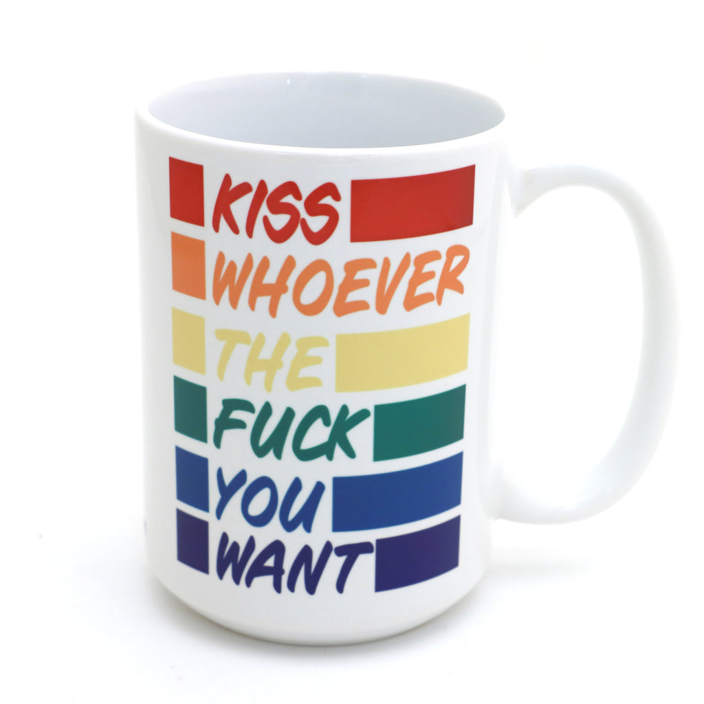 Pride mug, Kiss Whoever You Want, Mature language, 15 oz. rainbow lips