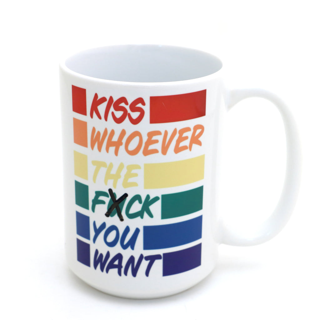 Pride mug, Kiss Whoever You Want, Mature language, 15 oz. rainbow lips