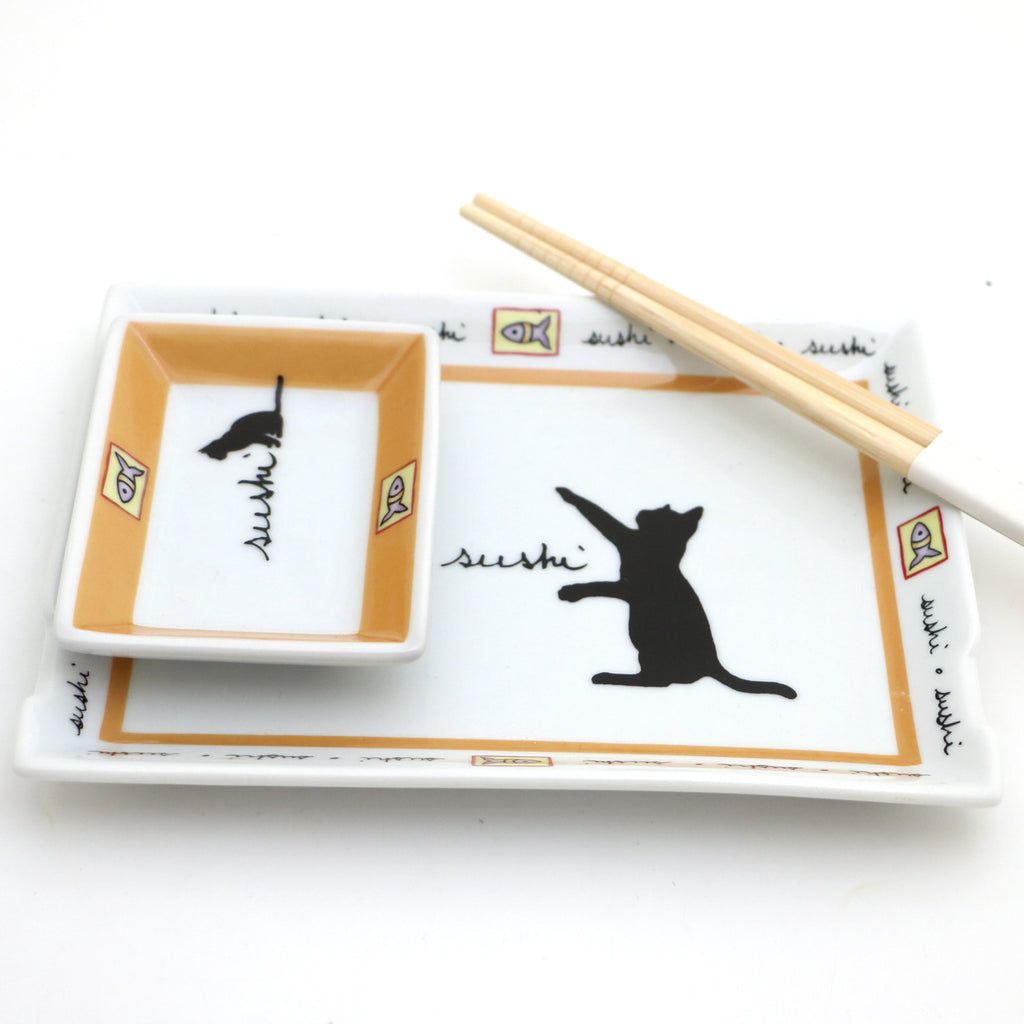 Cat Sushi dish, with soy dish and chopsticks, set, gift for cat lover