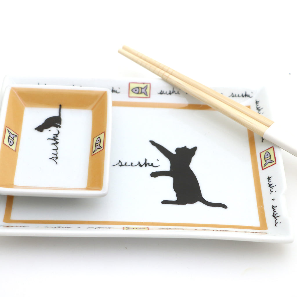 Cat Sushi dish, with soy dish and chopsticks, set, gift for cat lover