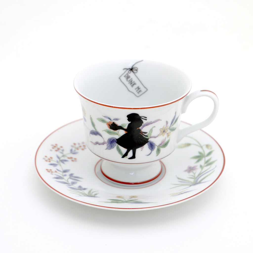 Vintage tea cup, Drink Me, Alice in Wonderland teacup and saucer, upcycled