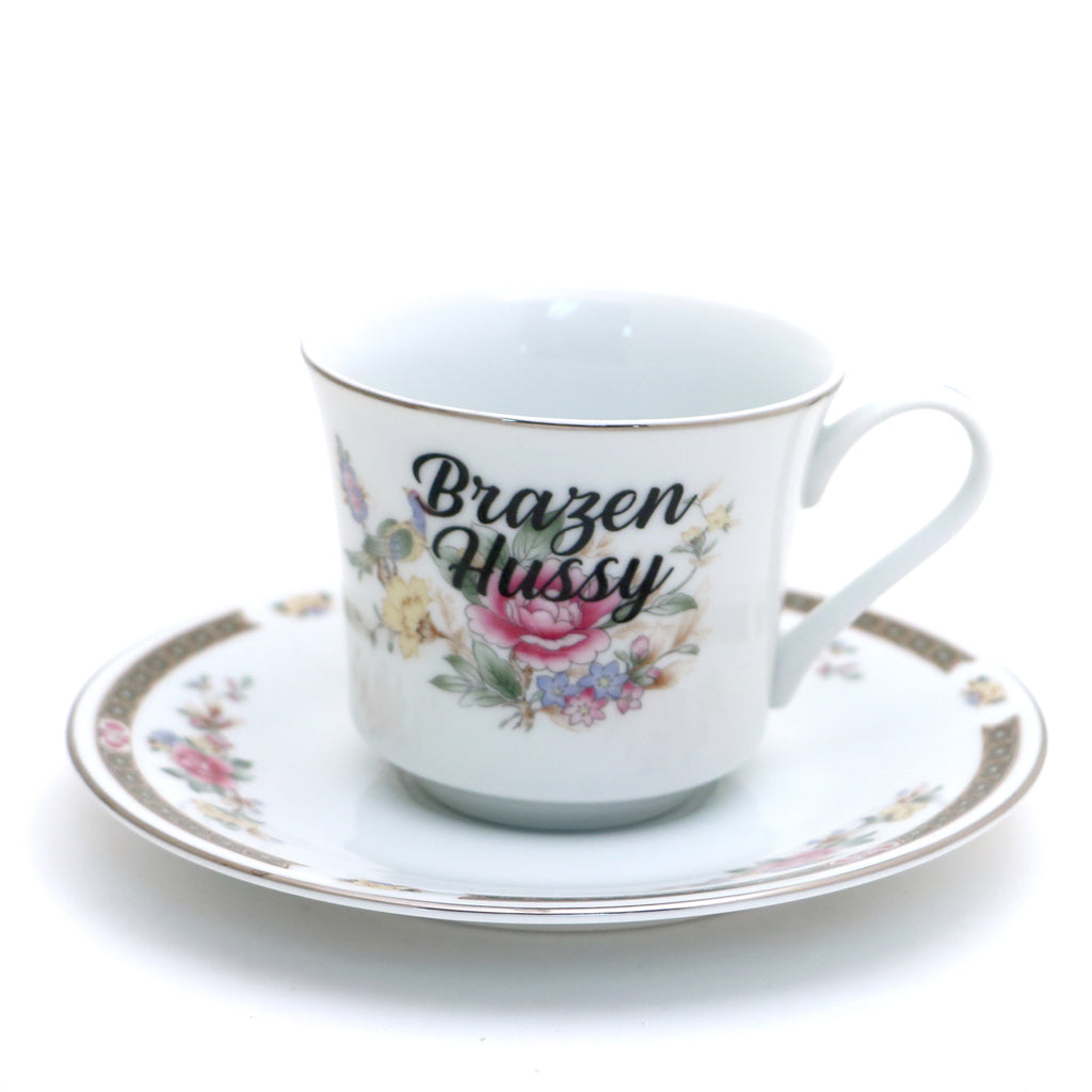 Brazen Hussy teacup and saucer, Upcycled vintage