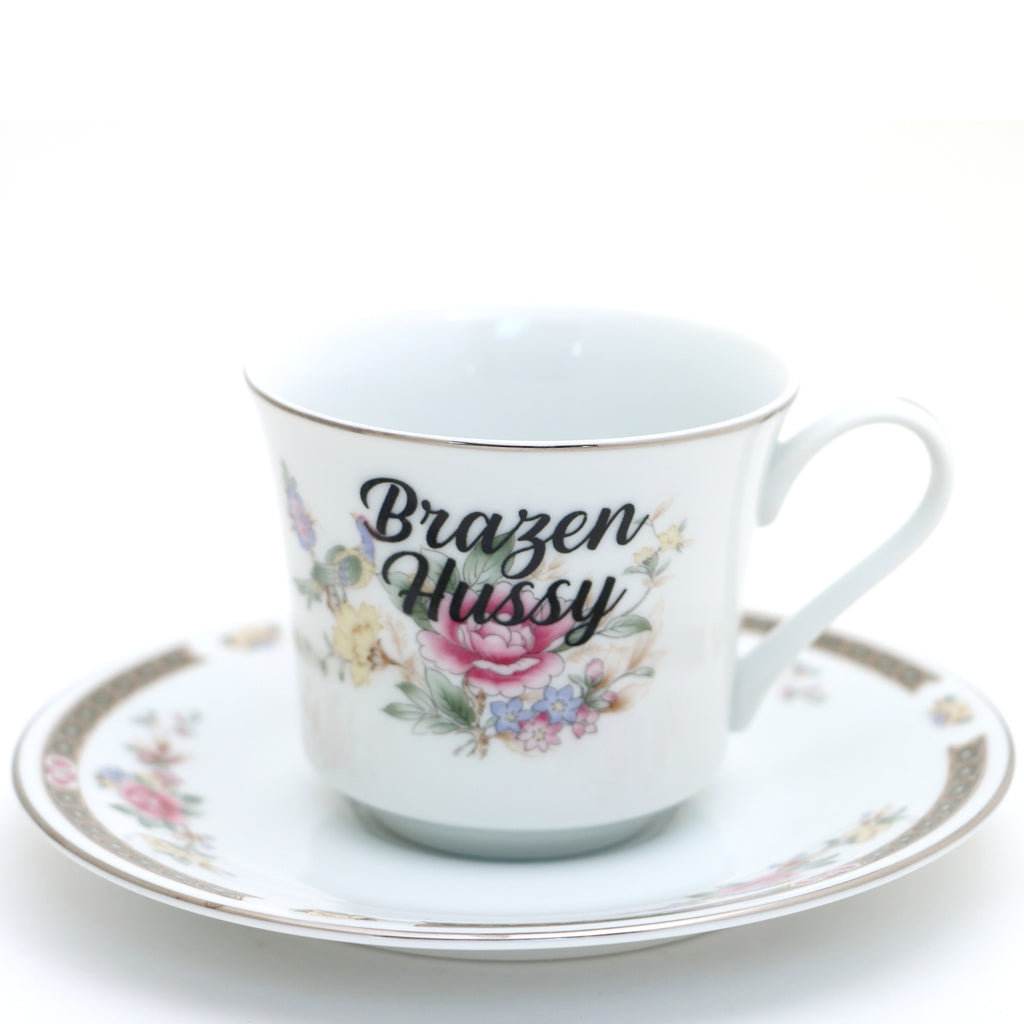 Brazen Hussy teacup and saucer, Upcycled vintage