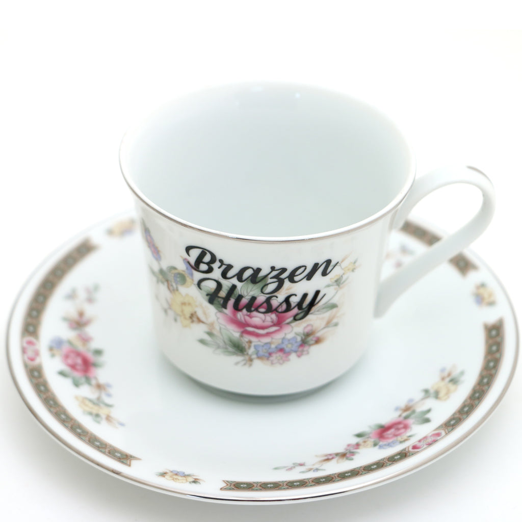 Brazen Hussy teacup and saucer, Upcycled vintage