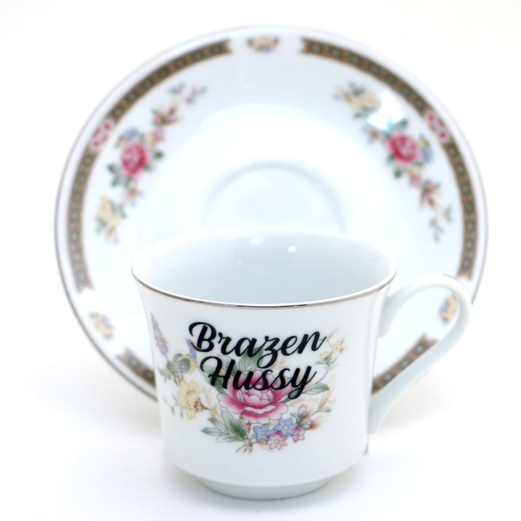 Brazen Hussy teacup and saucer, Upcycled vintage