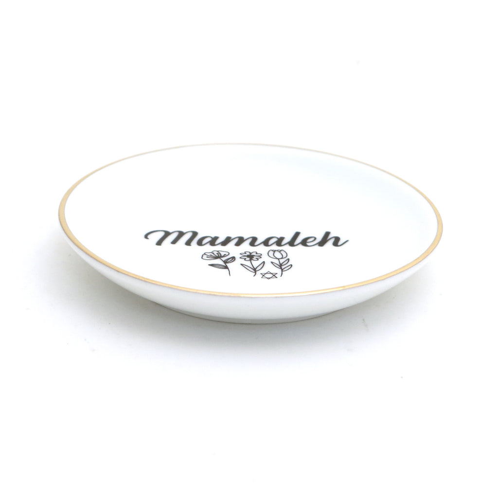 Mamaleh ring dish, Yiddish ring holder with 22K gold accents, Judaica