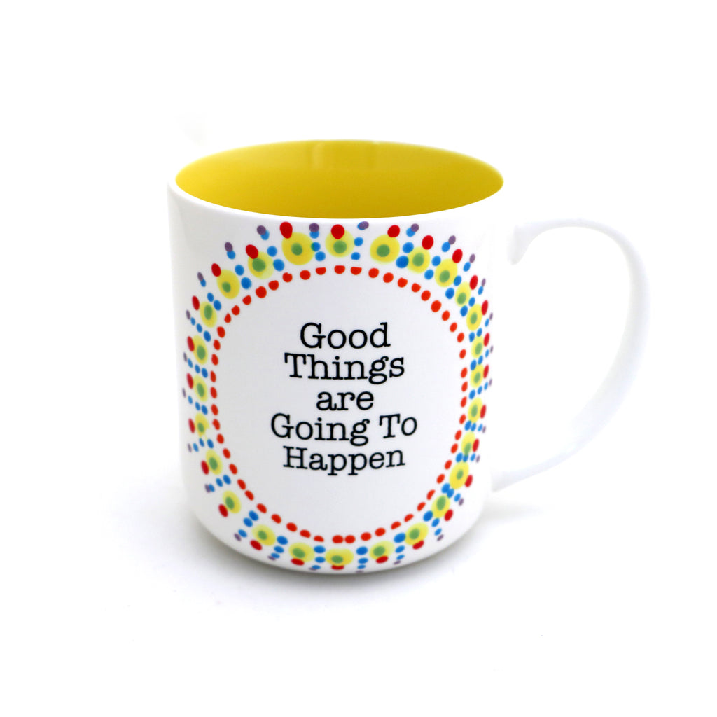 Good Things Are Going To Happen mug, mini mandala positive affirmation