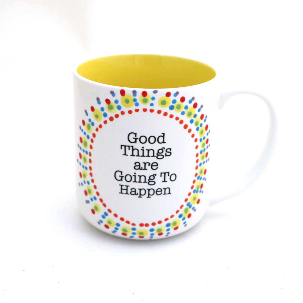 Good Things Are Going To Happen mug, mini mandala positive affirmation