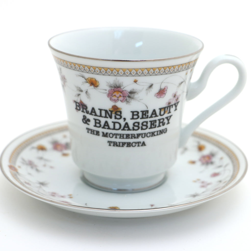 Vintage tea cup and saucer set, Brains, Beauty, vulgar, sassy, mature language, Mikasa