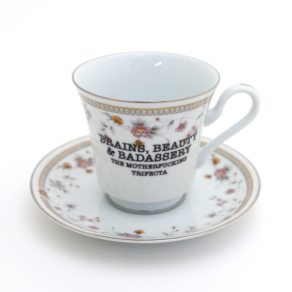 Vintage tea cup and saucer set, Brains, Beauty, vulgar, sassy, mature language, Mikasa