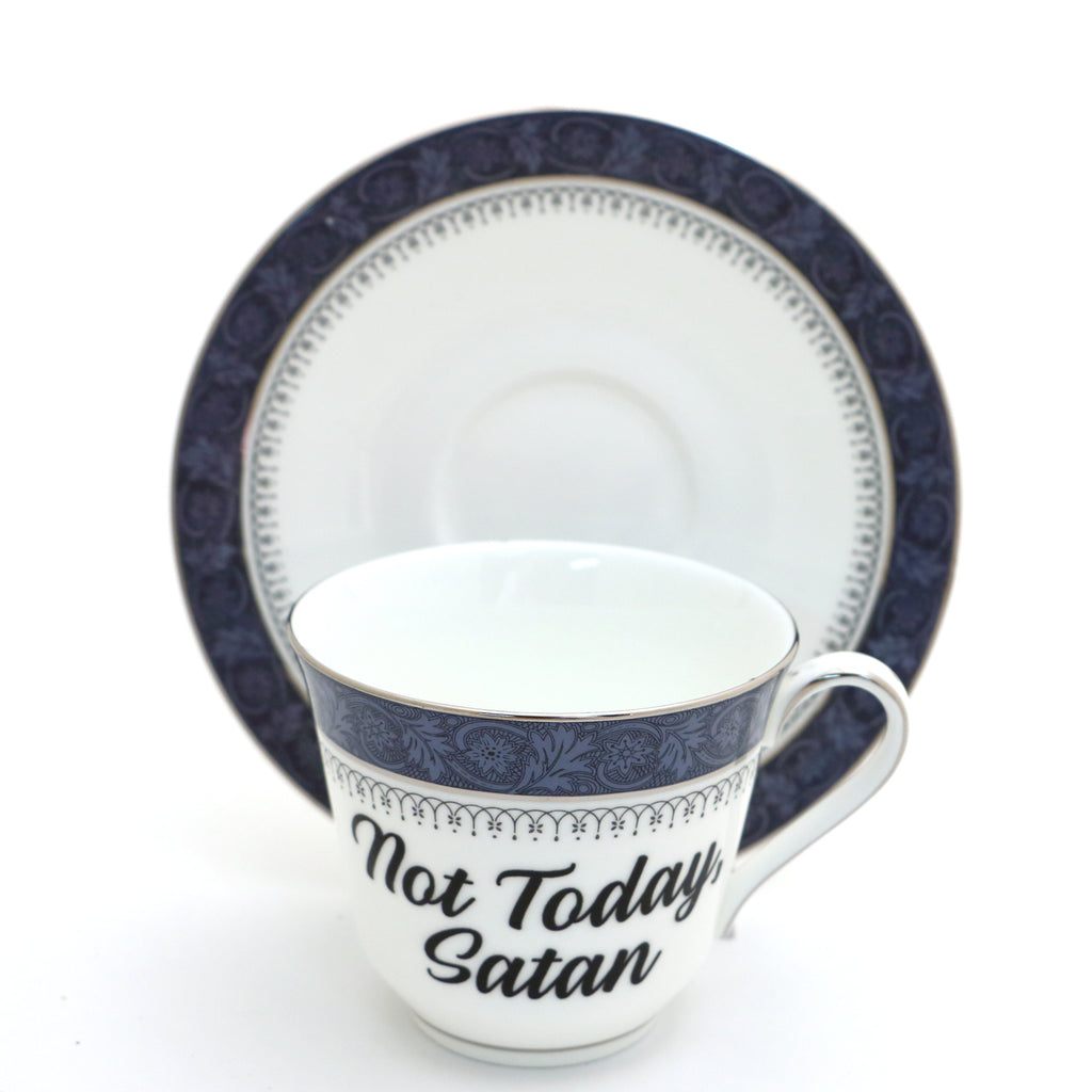 Not Today Satan, Royal Doulton blue,  vintage teacup and saucer, upcycled, vulgar teacup