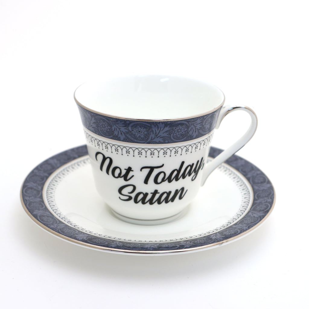 Not Today Satan, Royal Doulton blue,  vintage teacup and saucer, upcycled, vulgar teacup