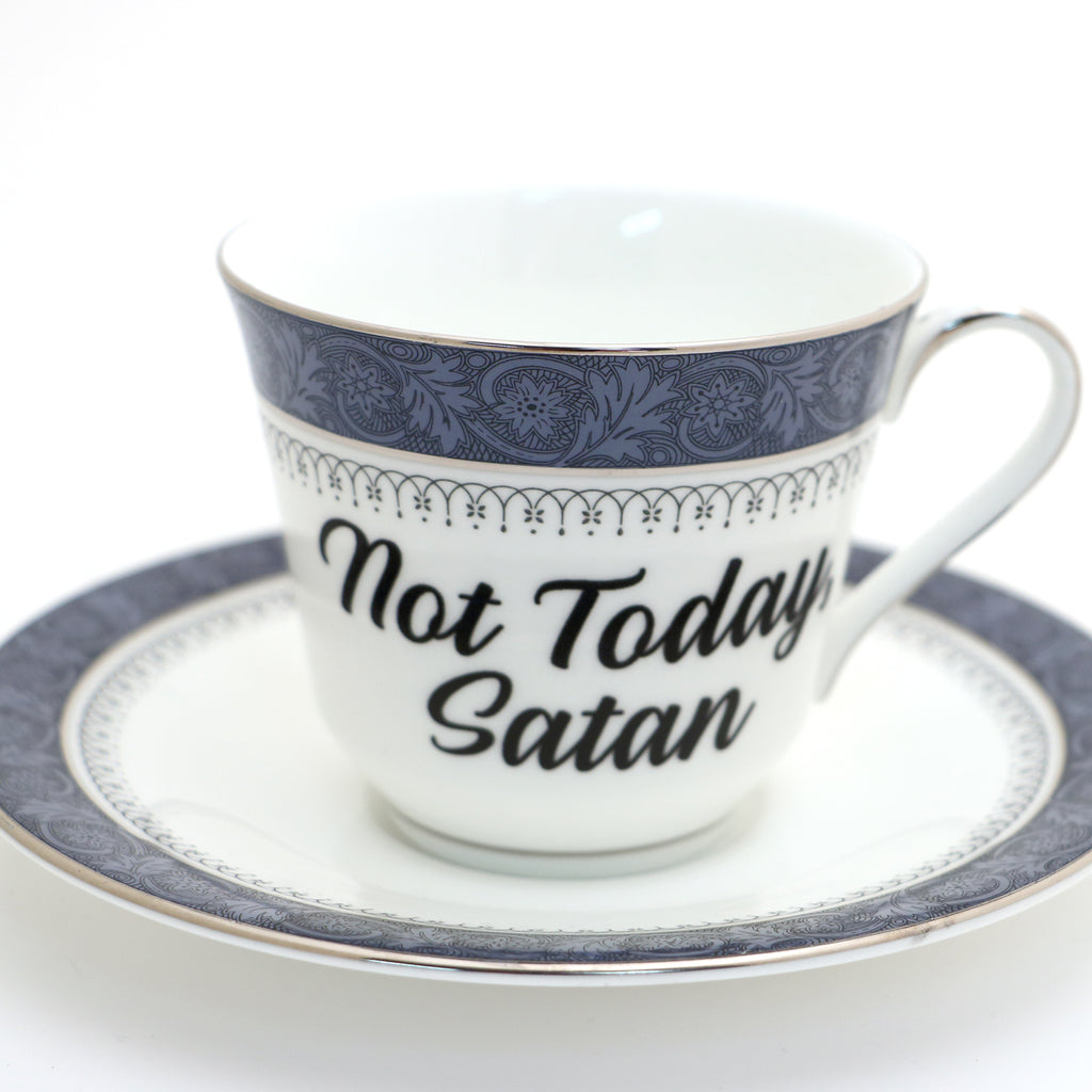 Not Today Satan, Royal Doulton blue,  vintage teacup and saucer, upcycled, vulgar teacup