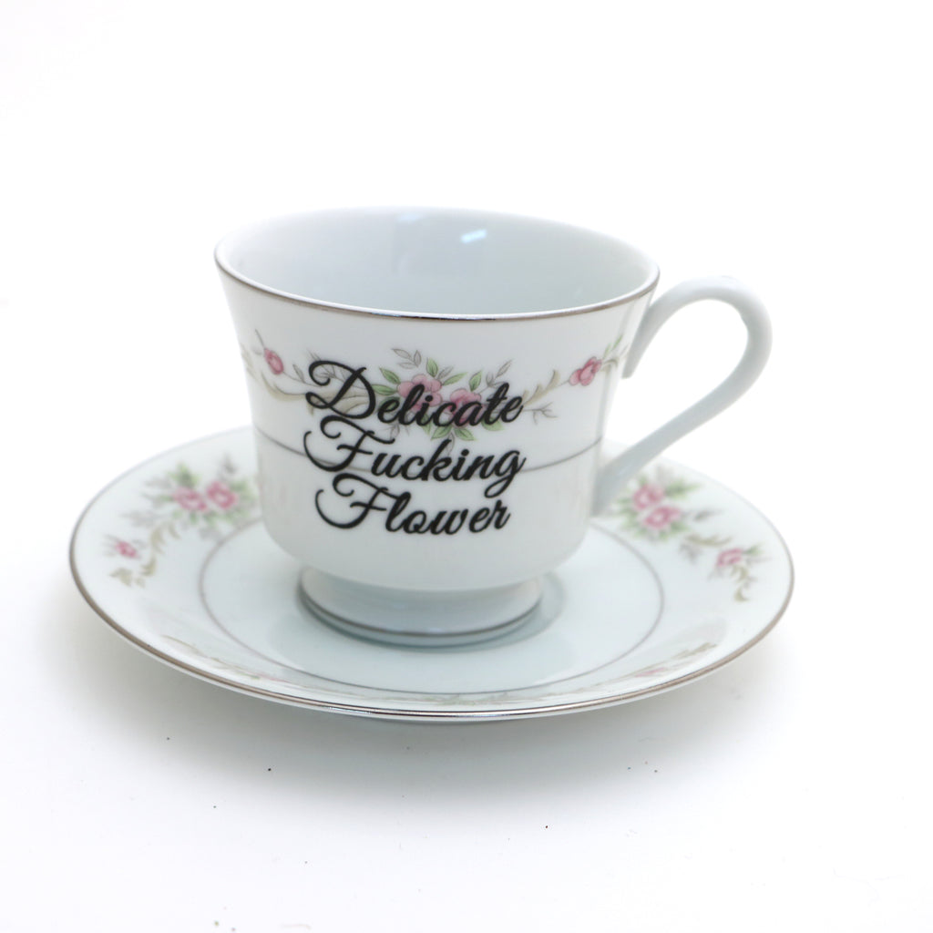 Delicate F'n Flower teacup and saucer, Upcycled, vintage mature language