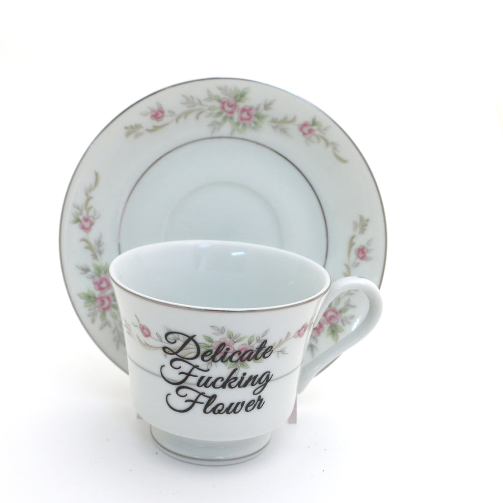 Delicate F'n Flower teacup and saucer, Upcycled, vintage mature language