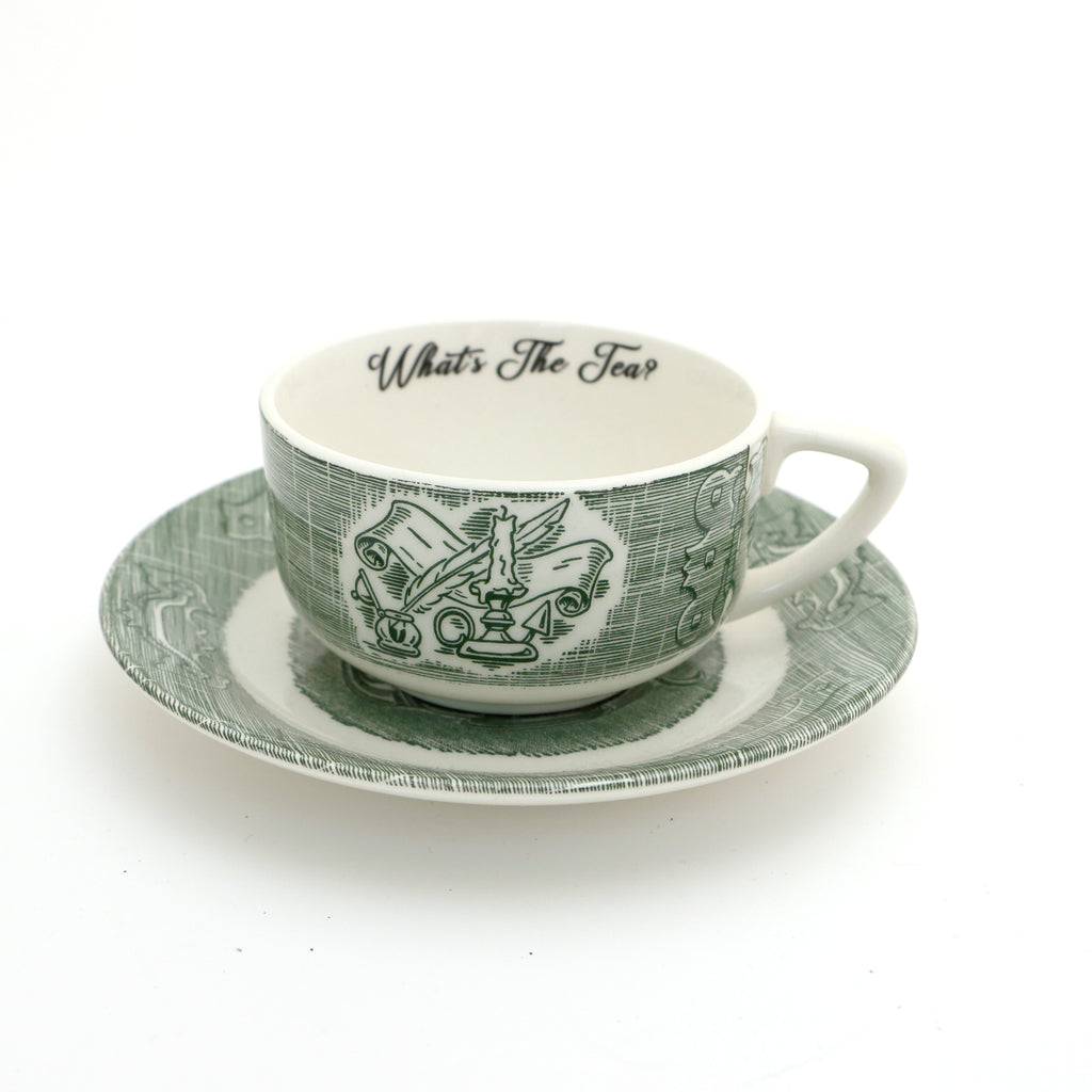 What's The Tea teacup and saucer, Upcycled, vintage