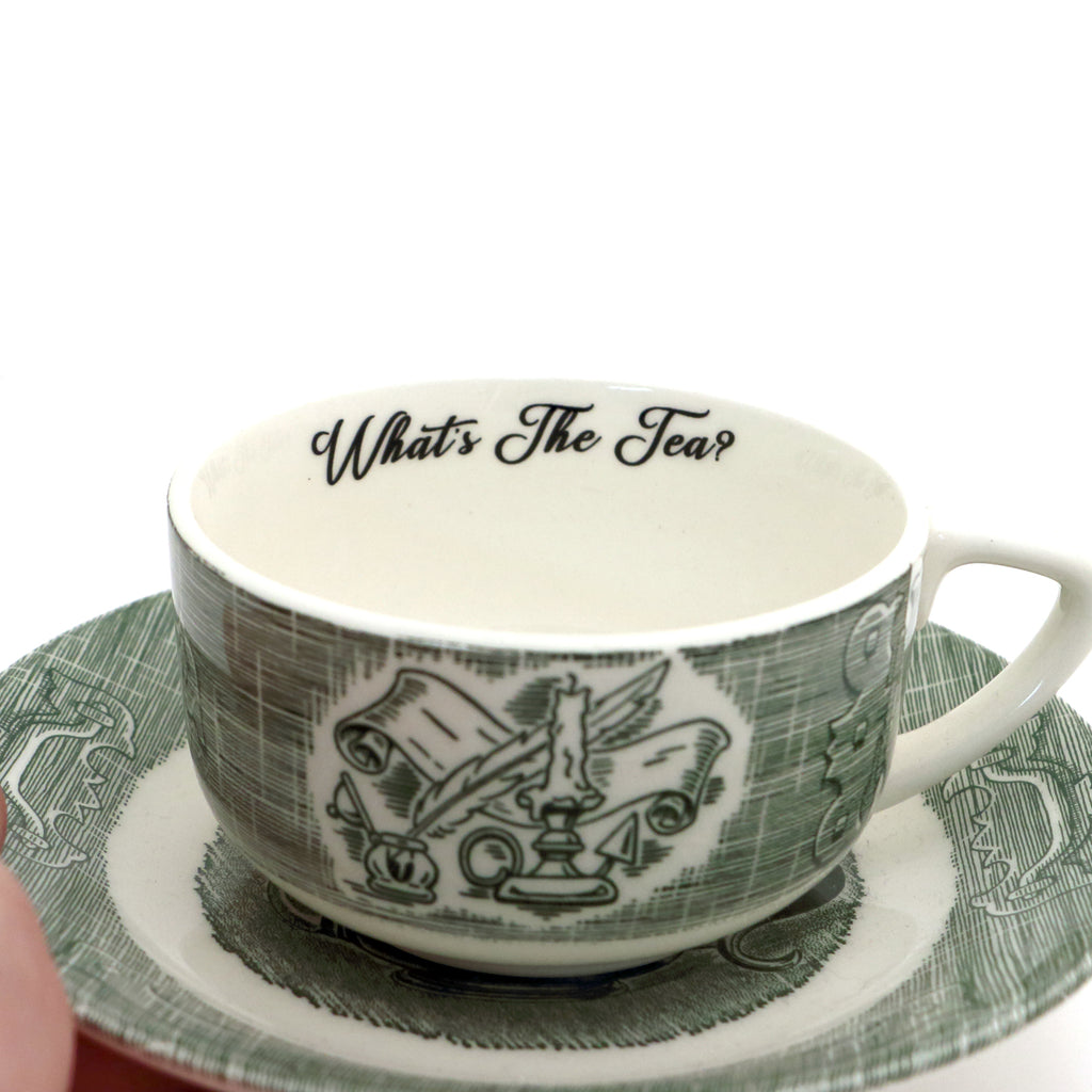 What's The Tea teacup and saucer, Upcycled, vintage