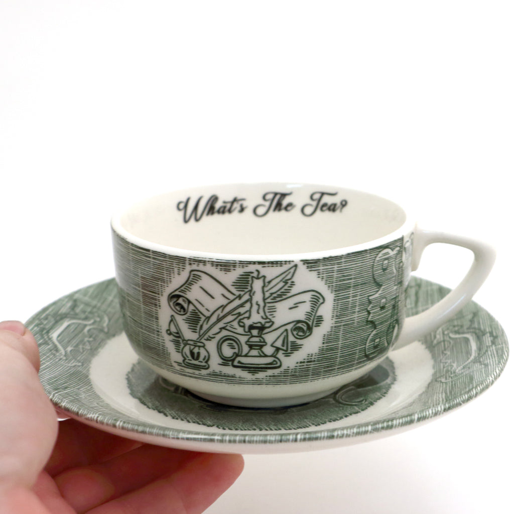 What's The Tea teacup and saucer, Upcycled, vintage