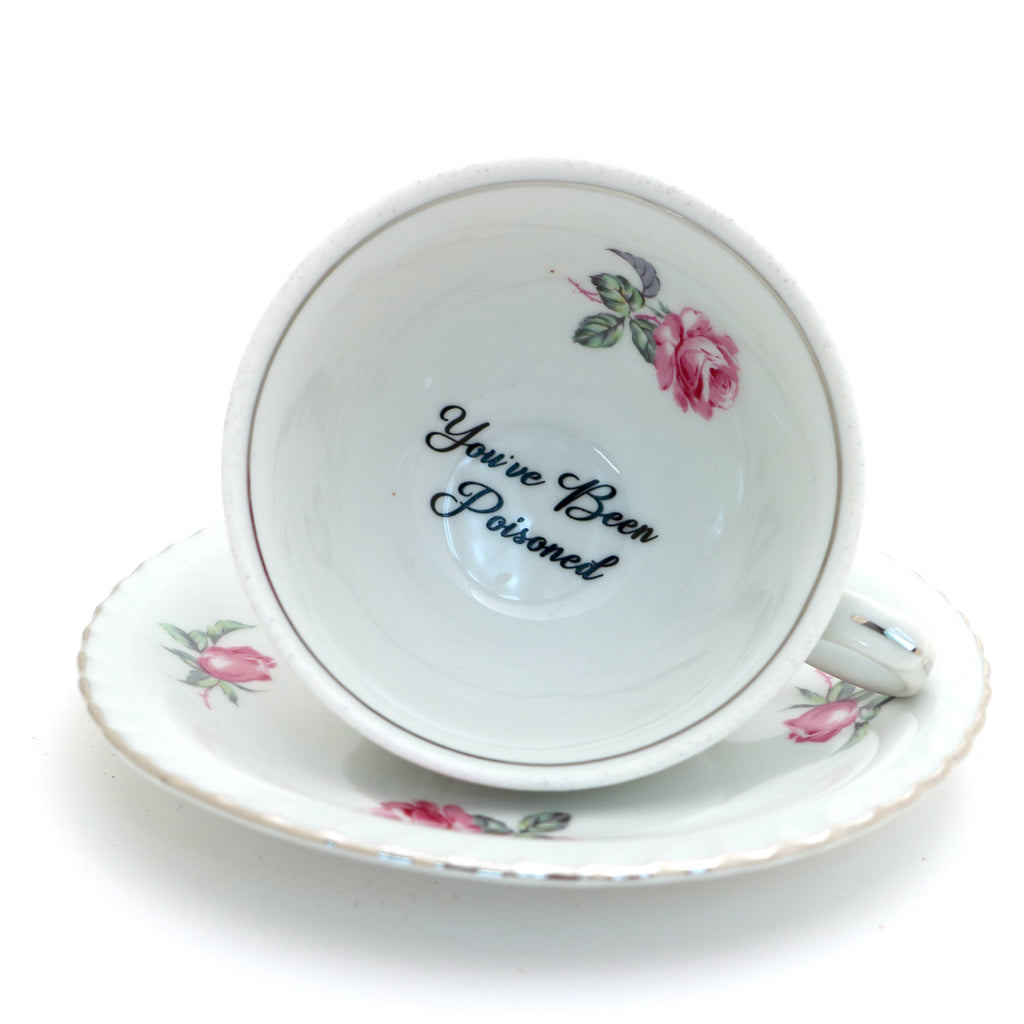 Vintage tea cup and saucer set, You've Been Poisoned, Pink Roses