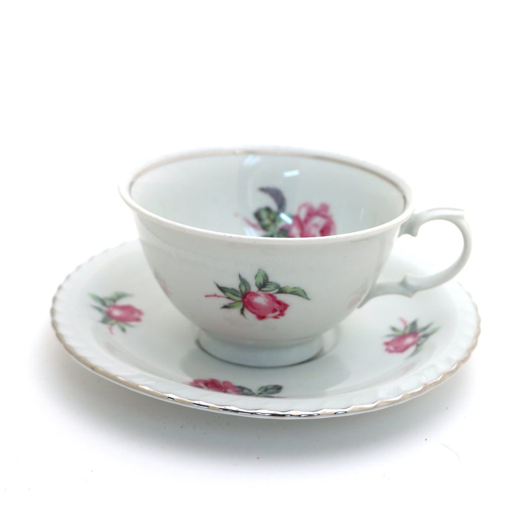 Vintage tea cup and saucer set, You've Been Poisoned, Pink Roses