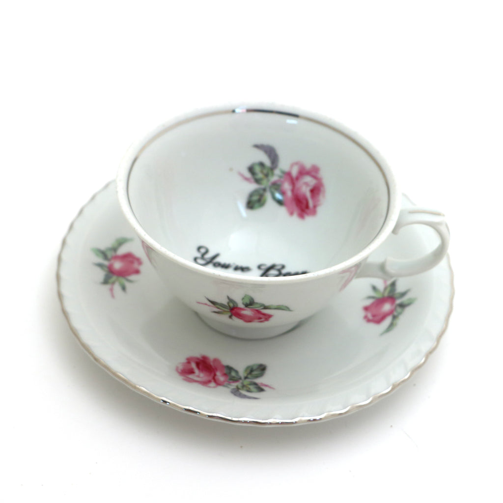 Vintage tea cup and saucer set, You've Been Poisoned, Pink Roses